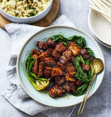 Sweet Soy Pork Belly with Greens and Baked Rice